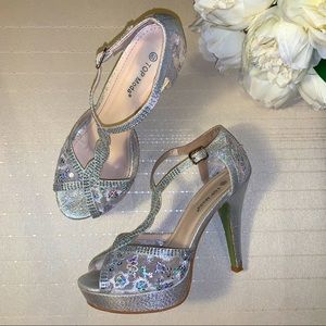 Top Moda Silver Stiletto Glittery Platform Heels